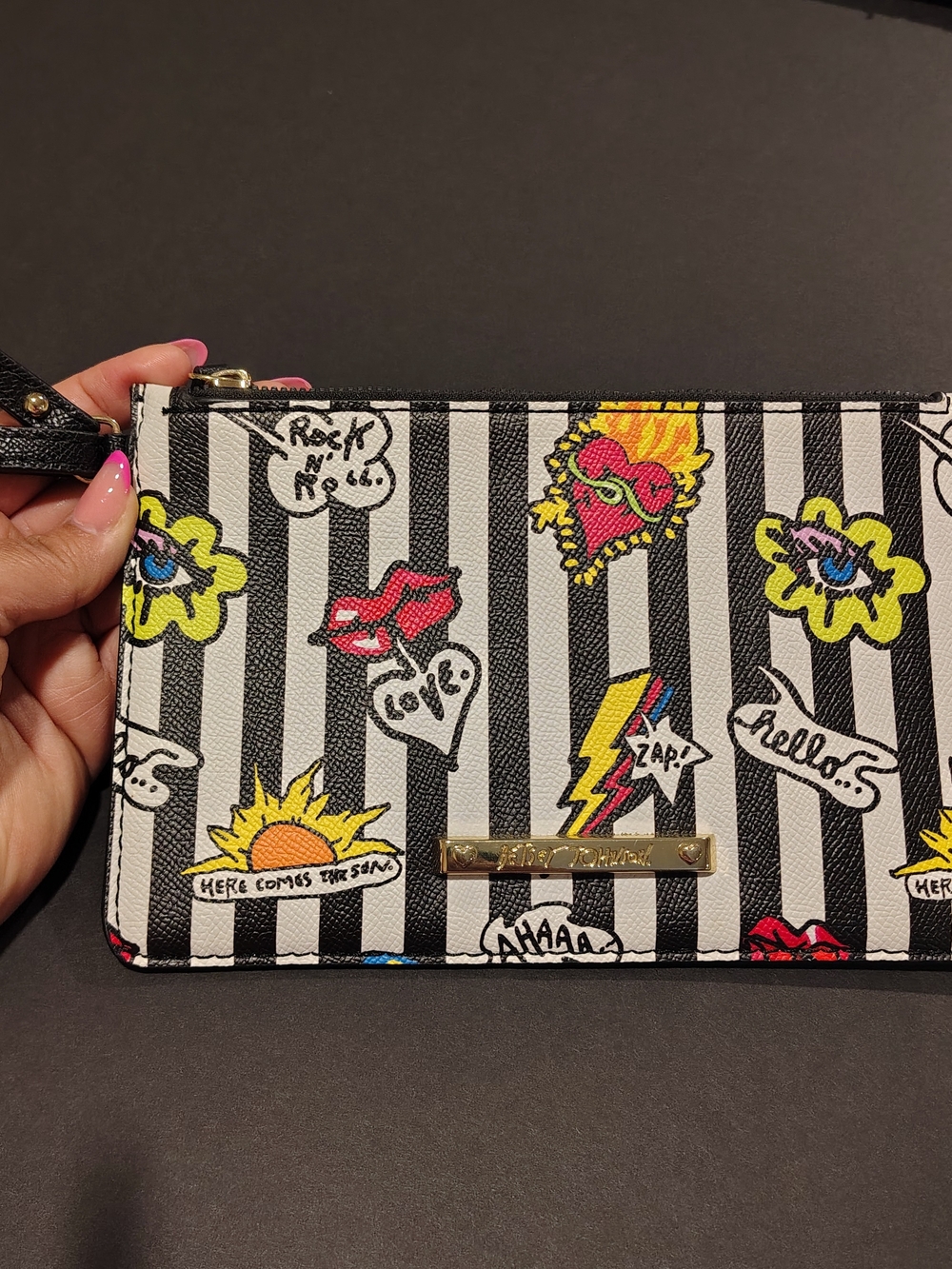 Betsy Johnson Striped Graphic Wristlet with Pop Art Icons
